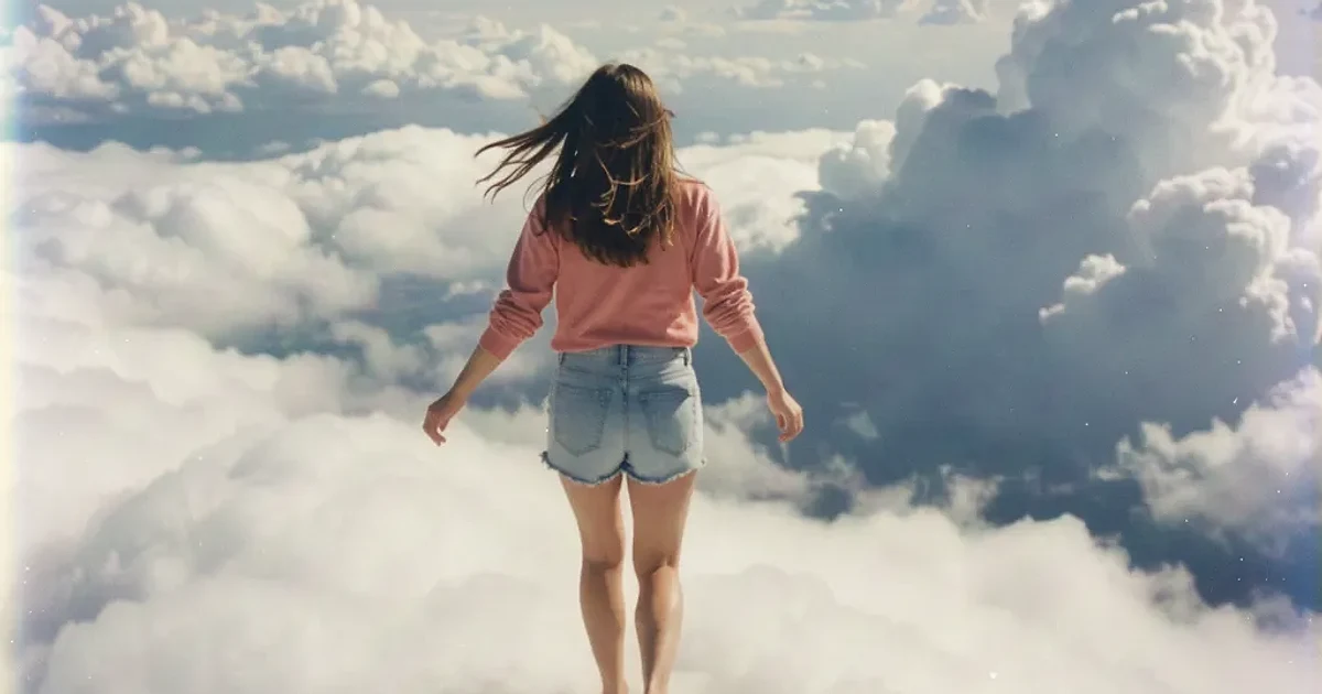 Image made with Flux 3 of a young woman in a pink sweater and denim shorts walking barefoot across a sea of white clouds, in a faded 35mm film look