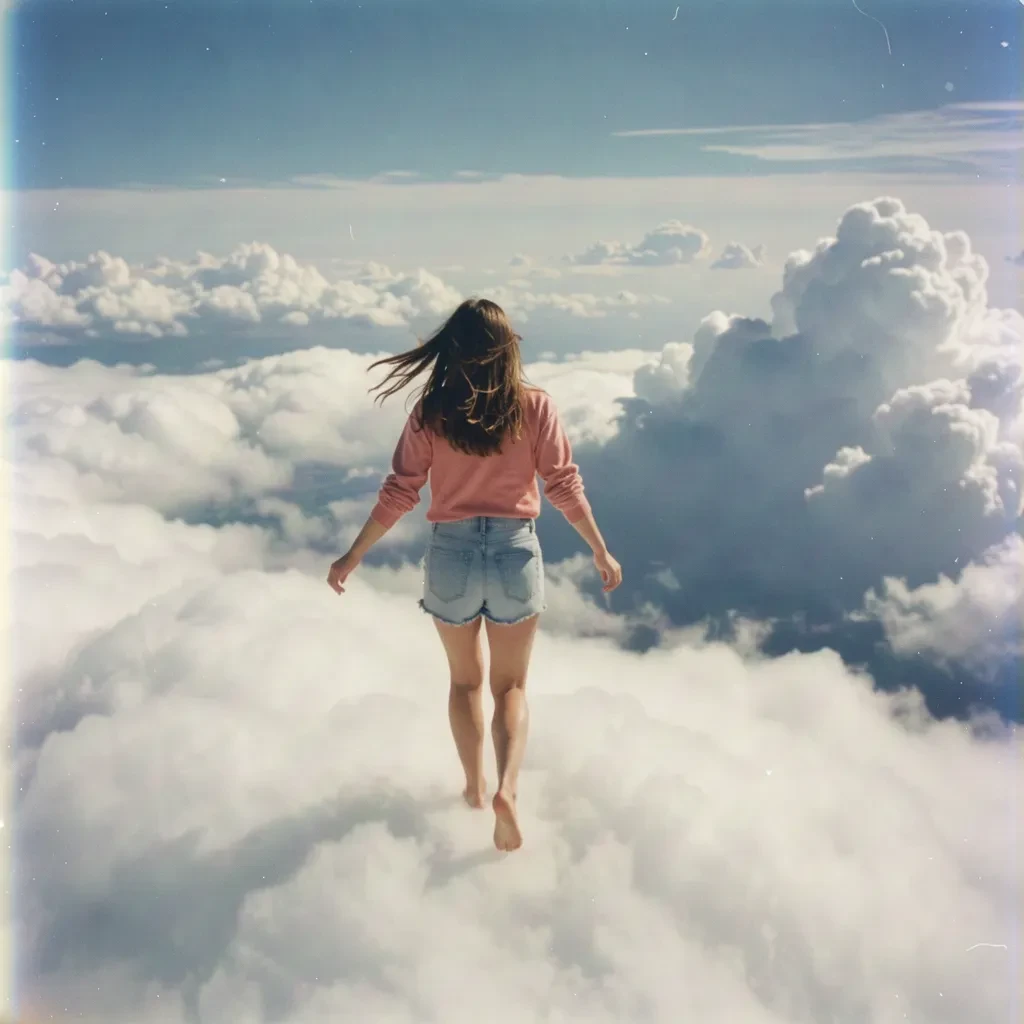 Image made with Flux 3 of a young woman in a pink sweater walking barefoot across a sea of white clouds in a faded 35mm film look