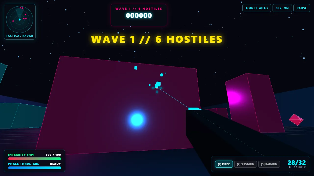Gameplay from Neon Overdrive by Gemini 4 Argon: neon pink pillars, a red enemy, a glowing projectile and a WAVE 1 // 6 HOSTILES banner