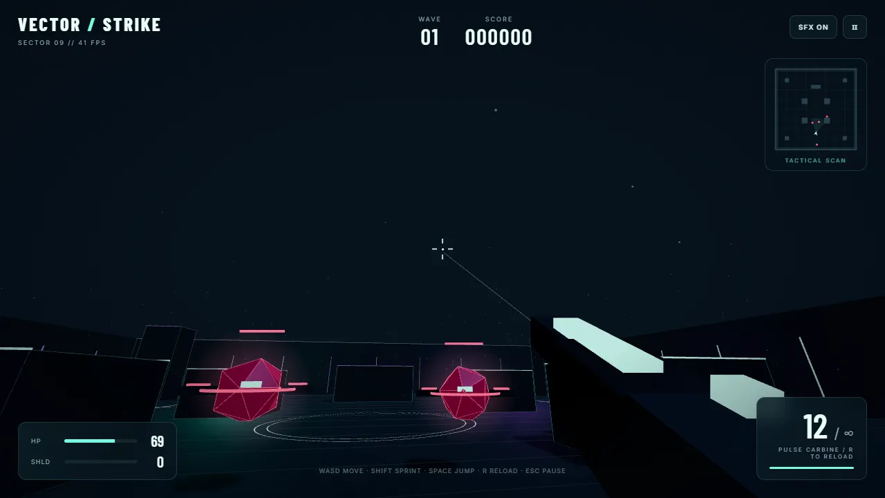 Gameplay from Vector Strike by GPT-6.1 Sol: two red drones in a dark arena, a glowing pulse carbine on the right and health, shield and ammo panels