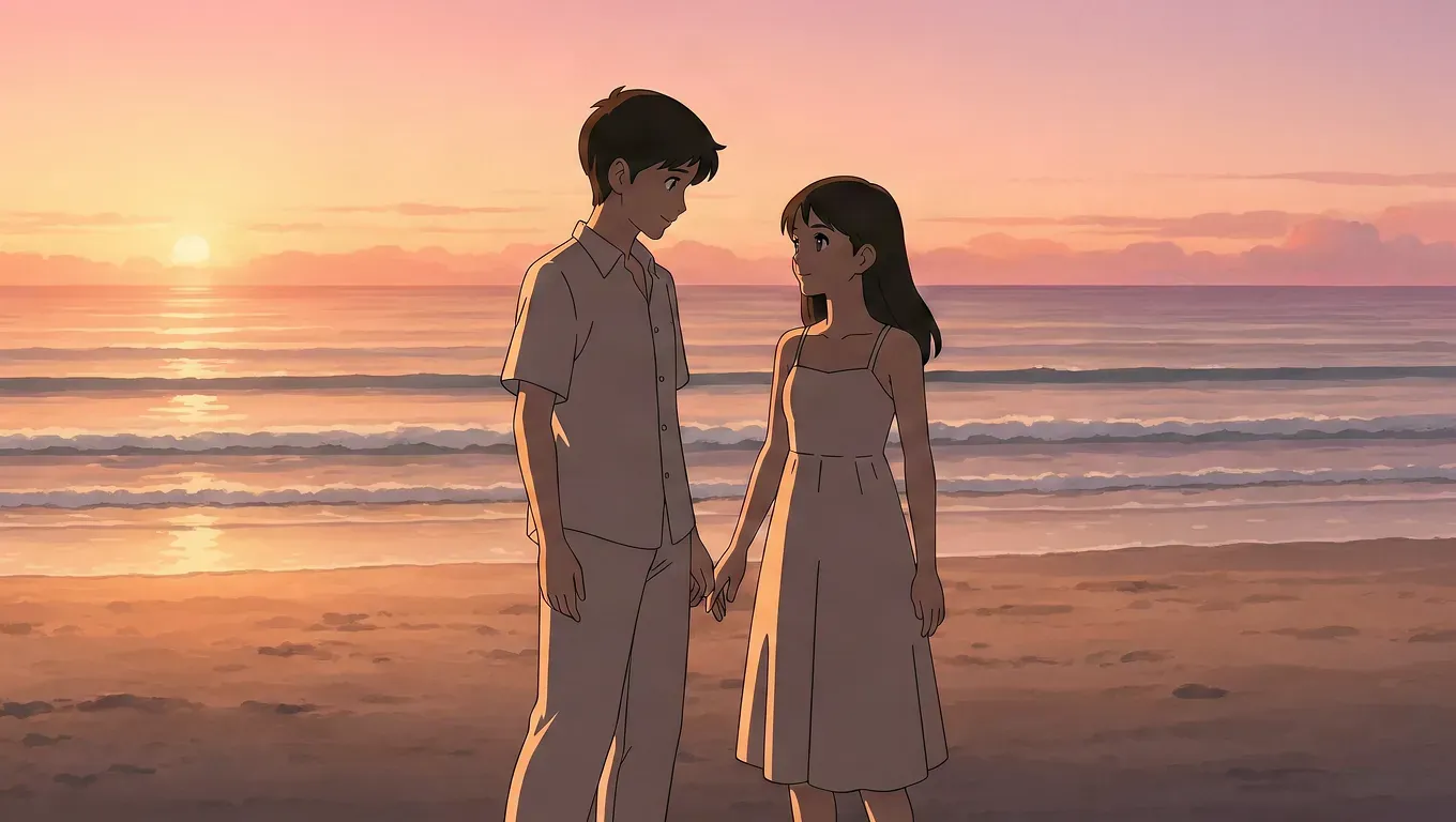 Anime-style image made with Krea 3 of a young couple holding hands on a beach at sunset with waves and a pink sky