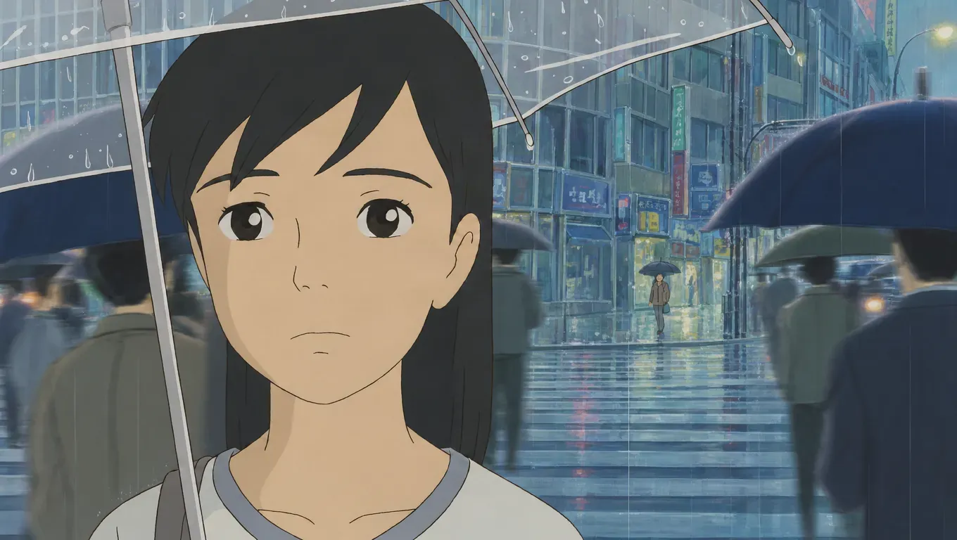 Anime-style image made with Krea 3 of a girl with dark hair holding a clear umbrella on a rainy city crosswalk with people and shop signs behind her
