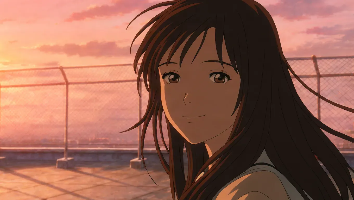 Anime-style image made with Krea 3 of a smiling girl with long dark hair on a rooftop by a chain-link fence under a pink sunset sky