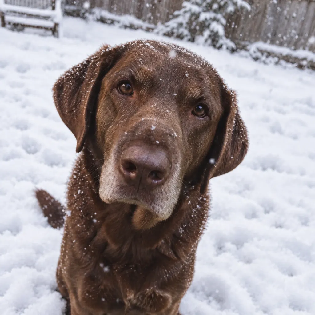 The same brown Labrador edited with Krea 3 to sit in a snowy garden with falling snow