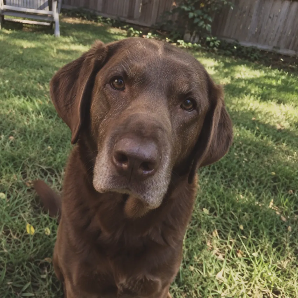 Original photo of a brown Labrador sitting on green grass in a sunny garden in front of a wooden fence