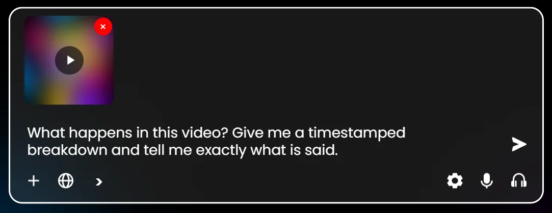 The Risphai chat box with a video attached, shown as a preview thumbnail with a play button, and the question What happens in this video? Give me a timestamped breakdown and tell me exactly what is said