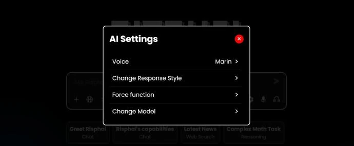 The AI Settings panel in the Risphai chat box with options to change the voice, response style, function and model