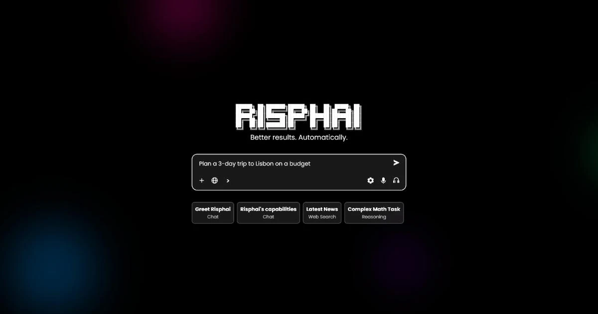 The Risphai home screen with a trip-planning question typed into the chat box