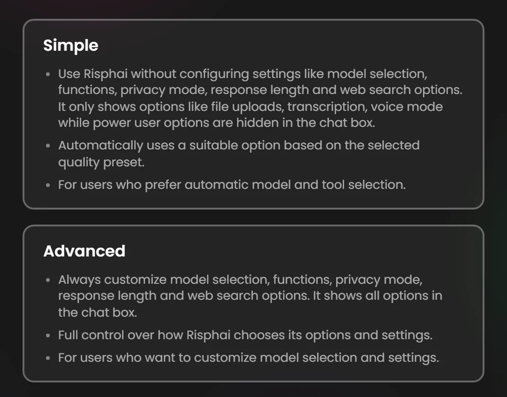 The Risphai onboarding screen for choosing between Simple and Advanced mode